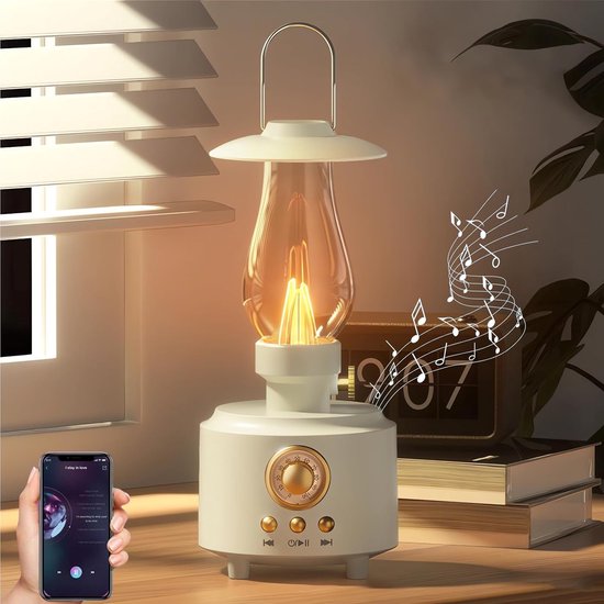 Vintage petroleum tafellamp met Bluetooth-luidspreker, traploos dimbare oplaadbare ledverlichting voor de slaapkamer, IPX4 waterdichte nachtlampjes voor kamperen, feestjes, vakantie, huisdecoratie, cadeau (wit)