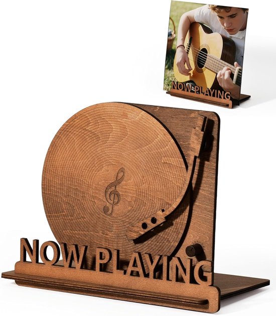 Vinyl Platenhouder - LP Standaard - Now Playing Vinyl Display - Albumhouder - Vinylplaten Opslag - Spiraalgroef Textuur - LP Vinyl Houder - Rustiek Woonaccessoire - Vinyl Liefhebbers Cadeau - Platenstandaard - LP Accessoires - Zwart
