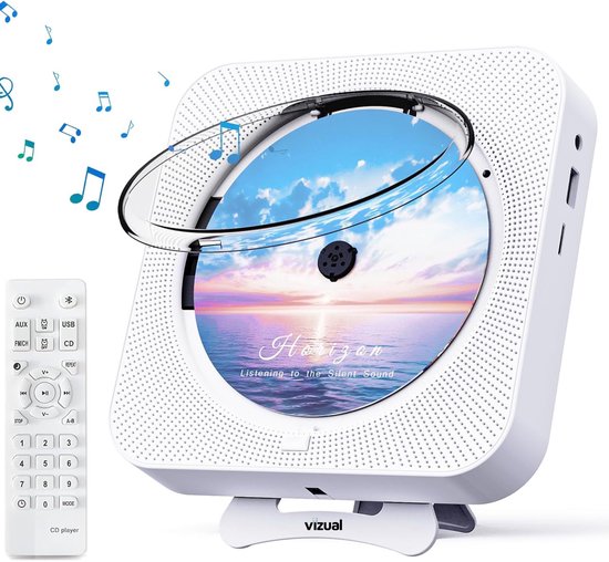 Vizual CD Speler met Radio & Bluetooth - Draagbare CD Speler voor Muur & Tafel - FM Keukenradio met Afstandsbediening - Ingebouwde Speakers - Wit