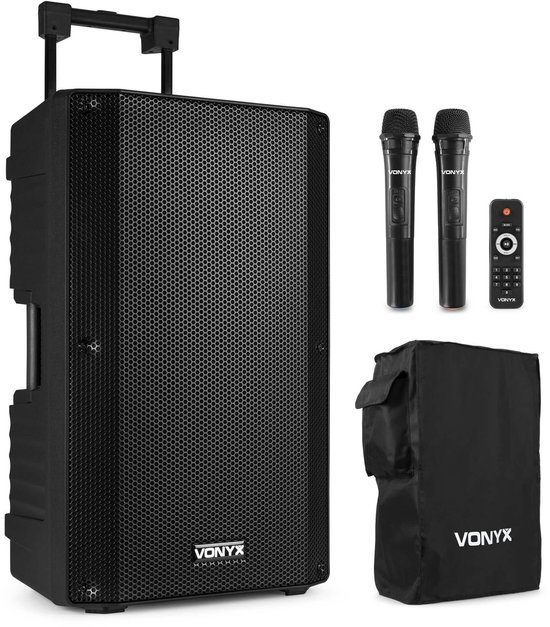 Vonyx VSA700 ABS 15 portable speaker met 2x draadloze microfoon en speakerbeschermhoes - 1000W