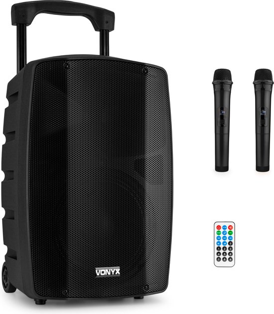 Vonyx VSP200 - 200 Watt Mobiele Speaker met Bluetooth 5.0 - 10 inch - 2 Draadloze UHF microfoons van Vonyx