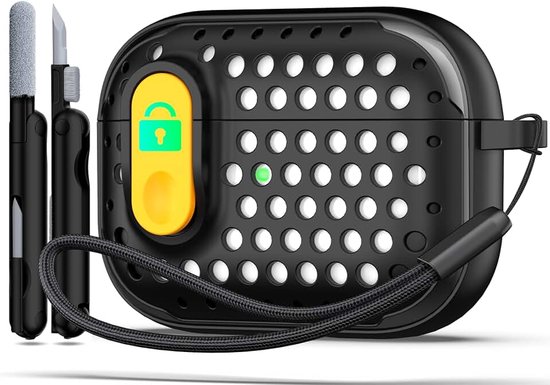 Voor Airpod Pro Case (2023/2022/2019) met slot, krachtige valbescherming, gepersonaliseerde holle stijl voor Airpods Pro 2e generatie (USB-C/Lightning-kabel),Zwart geel