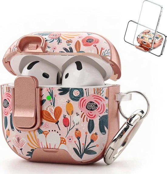 Voor AirPods 4 hoesje met slot (2024), AirPods 4 hoesje bloemen schattige AirPods 4e generatie oplaadcase cover AirPods 4 hoesje roze met telefoonstandaardfunctie en karabijnhaak - roze