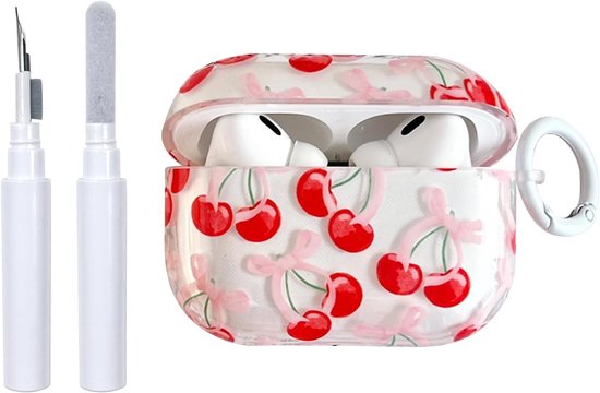 Voor Airpods 4e Generatie (2024) met Reinigingsset, Schattig Kersenstrikpatroon Esthetisch Ontwerp Schokbestendige Sleutelhanger Hoes Zachte Hoofdtelefoonhoesjes voor Airpods 4 - Rood