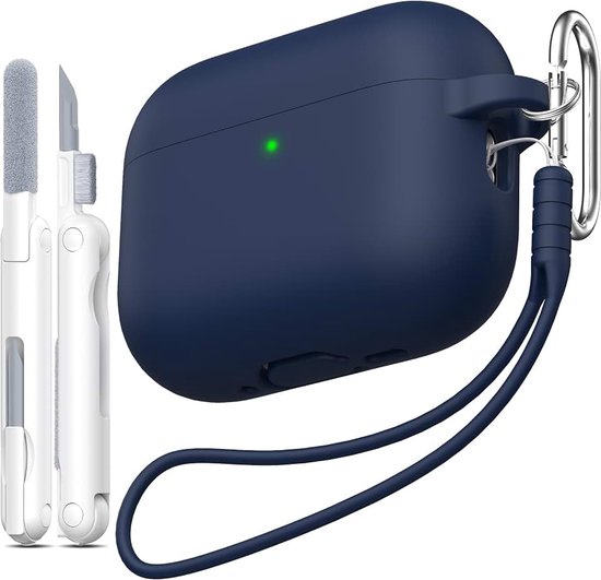 Voor AirPods Pro 3e Generatie Hoesje, Militaire Kwaliteit Anti-val Zachte Siliconen Schokabsorberend voor AirPods Pro 3 hoesje met Lanyard, Zichtbare LED aan de Voorkant, Donkerblauw