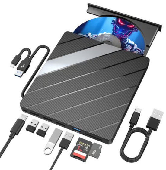 Vyzio - Externe DVD Speler & Brander - USB 3.0 & USB-C Hub - Externe CD Speler voor Laptop, Mac & Windows - Inclusief Kaartlezer & USB-Poorten - Plug & Play - Zwart - LAPDISC