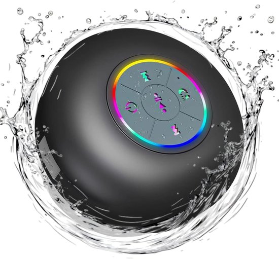Waterdichte Bluetooth-luidspreker met LED, IPX4 draadloos draagbaar handsfree, ingebouwde microfoon, zuignap, oplaadbaar – voor bad, strand, thuis, smartphone, tablet (zwart).L