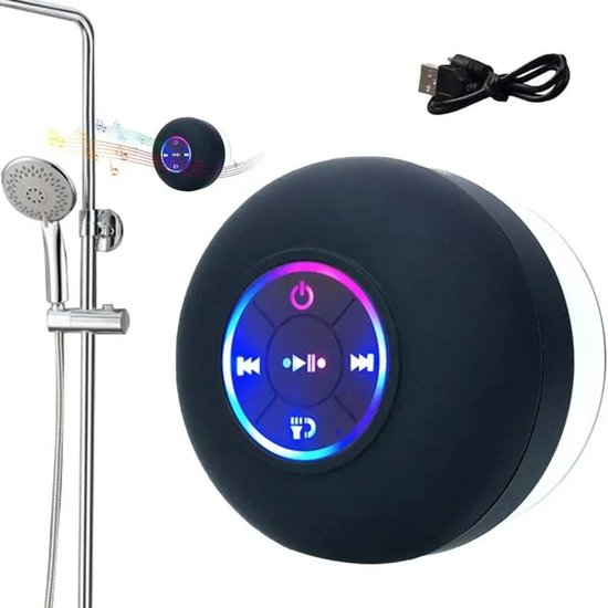 Waterdichte Mini Speaker - Bluetooth Douche Speaker - Waterdichte LED Luidspreker Voor De Douche - Draadloze Mini Speaker - Handsfree Bellen - Douchespeaker - Met Zuignap - Zwart van Merkloos