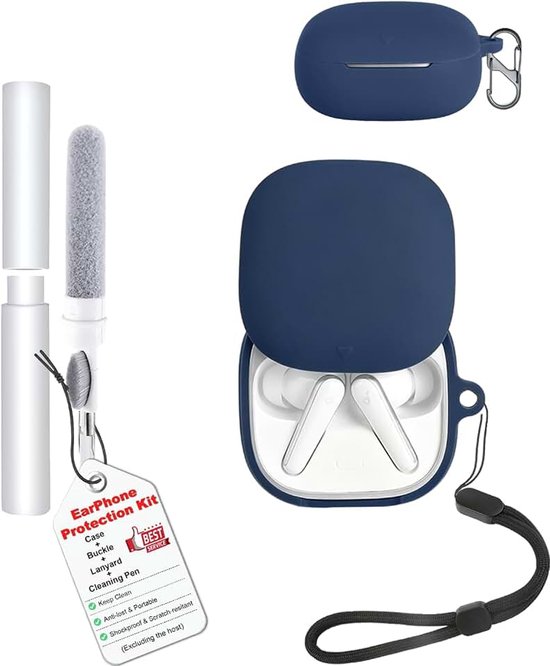 Waterdichte siliconen hoes voor Anker Soundcore Liberty 5, zachte en slanke afdekking met koord, sleutelhanger en reinigingsset, blauw