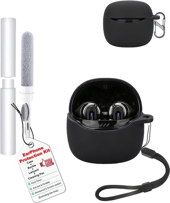 waterdichte siliconen hoes voor JBL Tune Flex 2, zachte en slanke afdekking met koord, sleutelhanger en reinigingsset, zwart