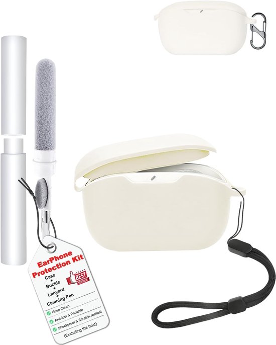 Waterdichte siliconen hoes voor JBL Wave Buds 2, zachte en slanke afdekking met koord, sleutelhanger en reinigingsset, wit
