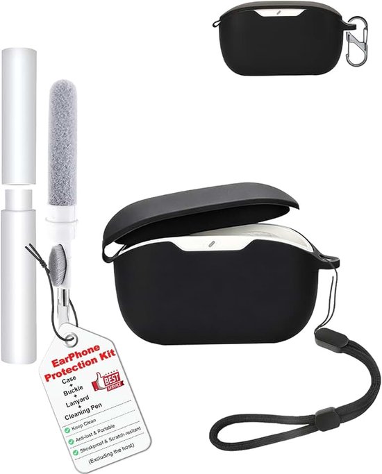 Waterdichte siliconen hoes voor JBL Wave Buds 2, zachte en slanke afdekking met koord, sleutelhanger en reinigingsset, zwart