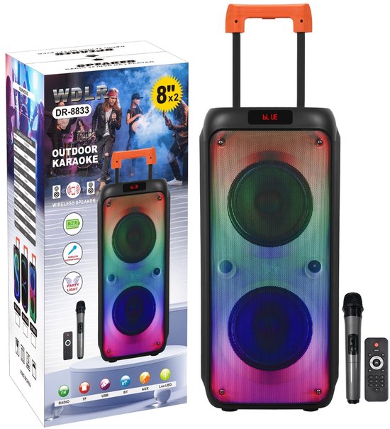 WDLR DR-8833 Karaoke Speaker – Bluetooth Party Speaker met Microfoon, Afstandsbediening & LED-lichten – 2x 8 inch – 40W – Draagbaar van WDLR