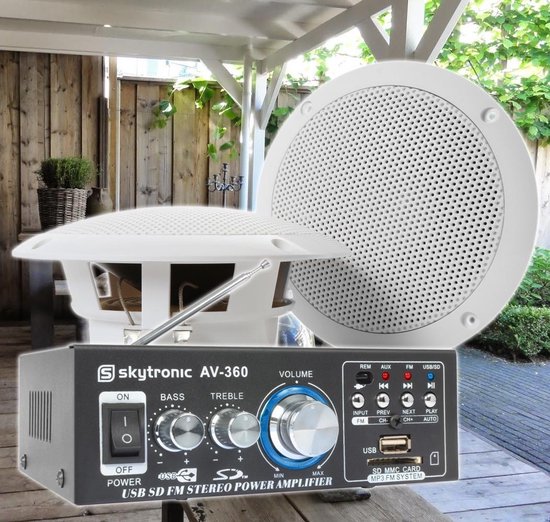 Weerbestendige 5 speakerset + versterker en kabel voor muziek op terras of veranda van SkyTec