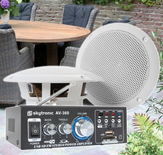 Weerbestendige 6.5 speakerset + versterker en kabel voor muziek op terras of veranda van SkyTec