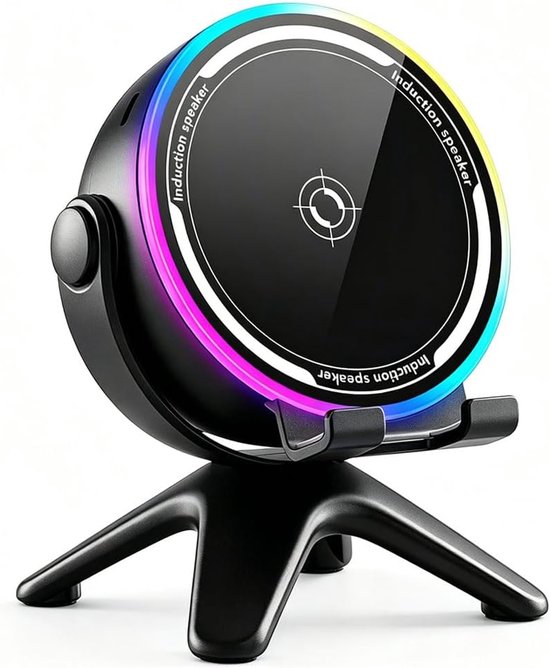 Wireless Induction Audio Speaker Stand, 5 in 1 Induction Speaker for geschikt voor iPhone with LED Lights Cell Phone Stand with Wireless Bluetooth Speaker 360° Rotable Angle Adjustable Gifts for Men Women