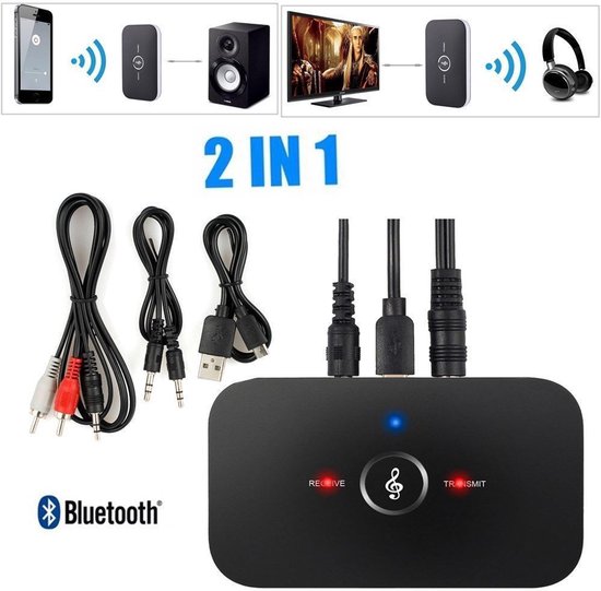 WK 2-in-1 Bluetooth Adapter - Bluetooth receiver – Zender & Ontvanger voor TV, PC, Speakers en Koptelefoons - Batterij – 600 mAh, meer dan 8 uur gebruik van Merkloos
