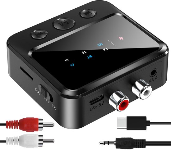 WK 2-in-1 Bluetooth Audio Adapter - Zender & Ontvanger, Dubbel Ontvangen & Verzenden, TF Kaart Ondersteuning, 1 naar 2 Bluetooth, 10m Bereik van Merkloos