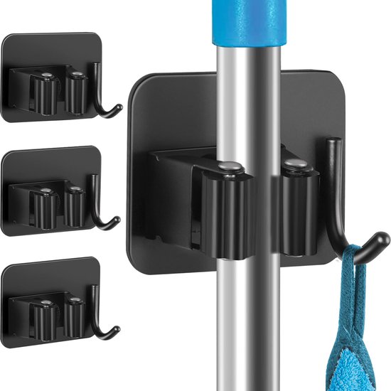 YONO Bezemhouder met Haak - Zelfklevend - Bezem Ophangsysteem - Klem - Stelen - Borstels - Tuingereedschap - 4 Stuks - Zwart van Yono