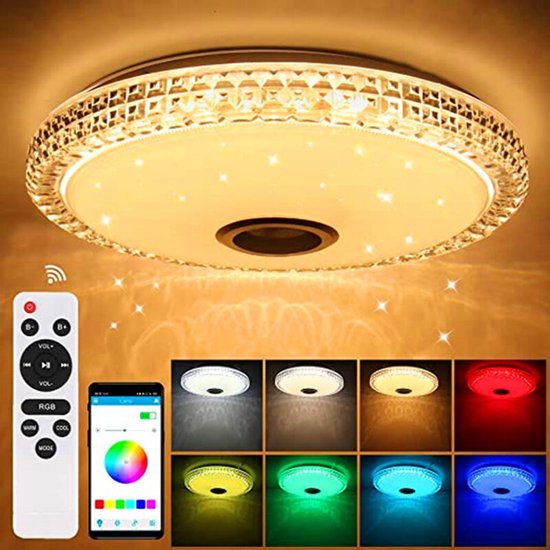 YYV Plafonnier Cristal LED 72W met Haut-Parleur Bluetooth, Intelligent met Télécommande en Control APP,Changement de couleur,regelbaar voor kamerkeuken salle de bain, kamer Ø 40cm van Merkloos