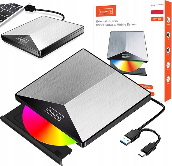 Zenwire Externe DVD Speler en Brander - Optical Drive - Optische Drive - Voor Laptop - USB 3.0 of USB C 3.1 - Plug & Play - Windows, MacOS & Linux - Hoes + Kabel - Externe CD speler- Aluminimum behuizing