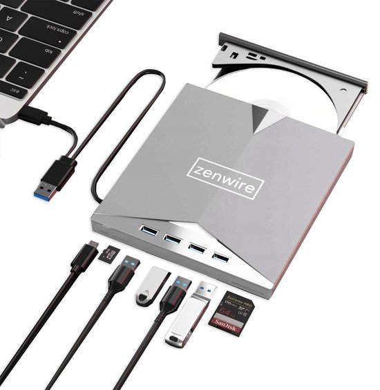 Zenwire H61 - Draagbaar extern station - CD-lezer - DVD-speler Schijfbrander - HUB 7in1 USB-C 3.0 - 4xUSB 2.0 - SD/Micro SD-kaartlezer - Plug & Play - stille werking - Brede compatibiliteit