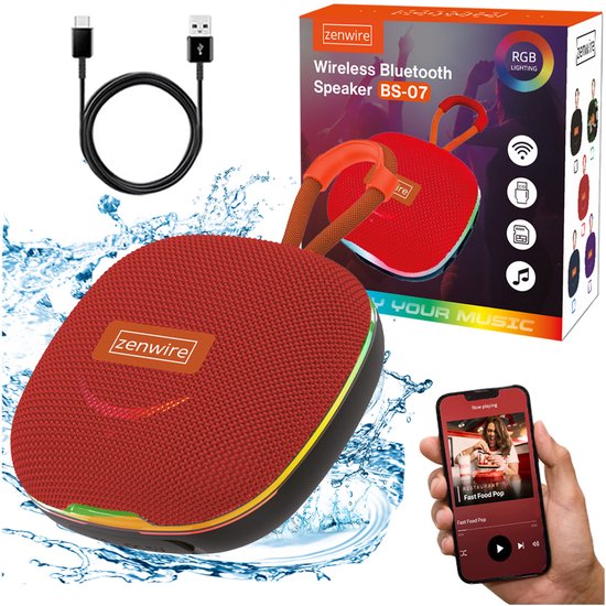 Zenwire Vibe BS–07 - Mini draagbare luidspreker - Bluetooth 5.3 - 13 W - FM-radio - USB/TF-speler - Microfoon - Compacte behuizing - 1000 mAh - TWS - USB-C - Micro SD-kaartlezer - RGB-achtergrondverlichting van Zenwire