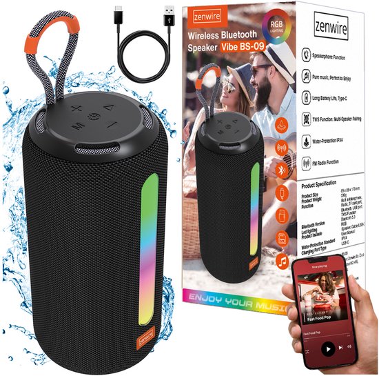 Zenwire Vibe BS-09 - Mini draagbare luidspreker - Bluetooth 5.3 - 26 W - FM-radio - Microfoon - Spatwaterbestendig IPX4 – TWS - USB-C - Micro SD-kaartlezer - RGB - achtergrondverlichting - Ingebouwde batterij 2500 mAh van Zenwire