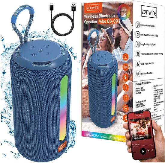Zenwire Vibe BS-09 - Mini draagbare luidspreker - Bluetooth 5.3 - 26 W met FM-radio - Microfoon - Spatwaterbestendig - IPX4 - TWS - USB-C, - Micro SD-kaartlezer - RGB-achtergrondverlichting - Ingebouwde batterij van 2500 mAh van Zenwire