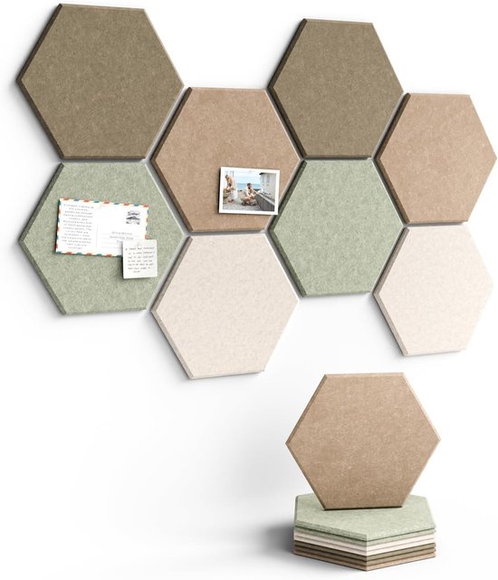 Zeshoekige vilt pinbordplaten set van 8, met spelden en plakstrips, linnen look