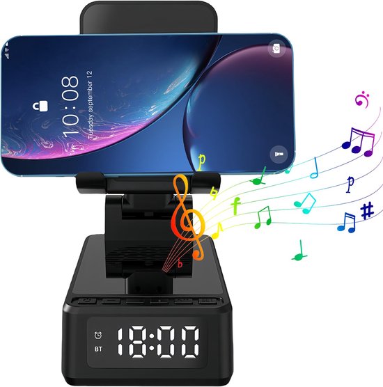 zurabini - Bluetooth Speaker met Opvouwbare Telefoonhouder - Telefoonstandaard met Draadloze Oplader, Wekker en Digitale Klok - Verstelbare Kijkhoek, Snoozefunctie en Ingebouwde Microfoon voor Bureau, Kantoor en Reizen