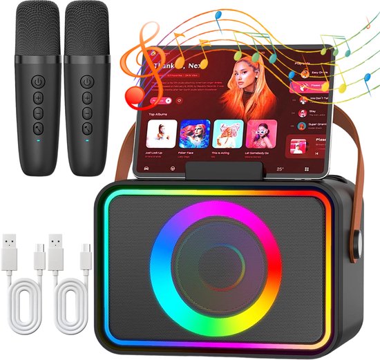 Zwarte Karaoke Set - Draagbare Bluetooth Karaoke Speaker - 2 Draadloze Microfoons - 10W 360° Stereogeluid - 5 Stemeffecten - Meerkleurige Verlichting - Voor Thuis, Feestjes, BBQ en Kamperen